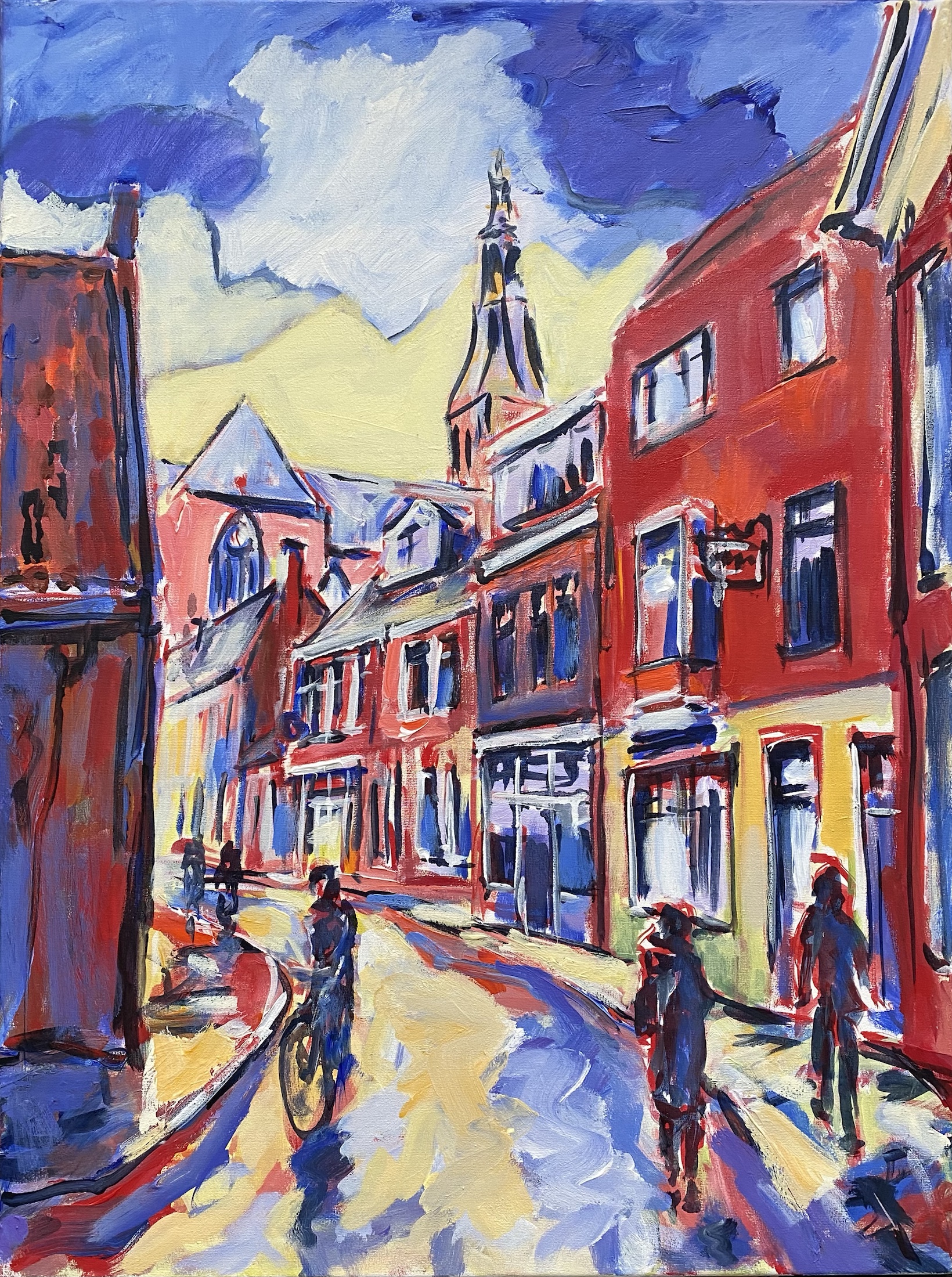 A-kerkstraat, schilderij van Reinder Bleeker, 60 x 80 cm