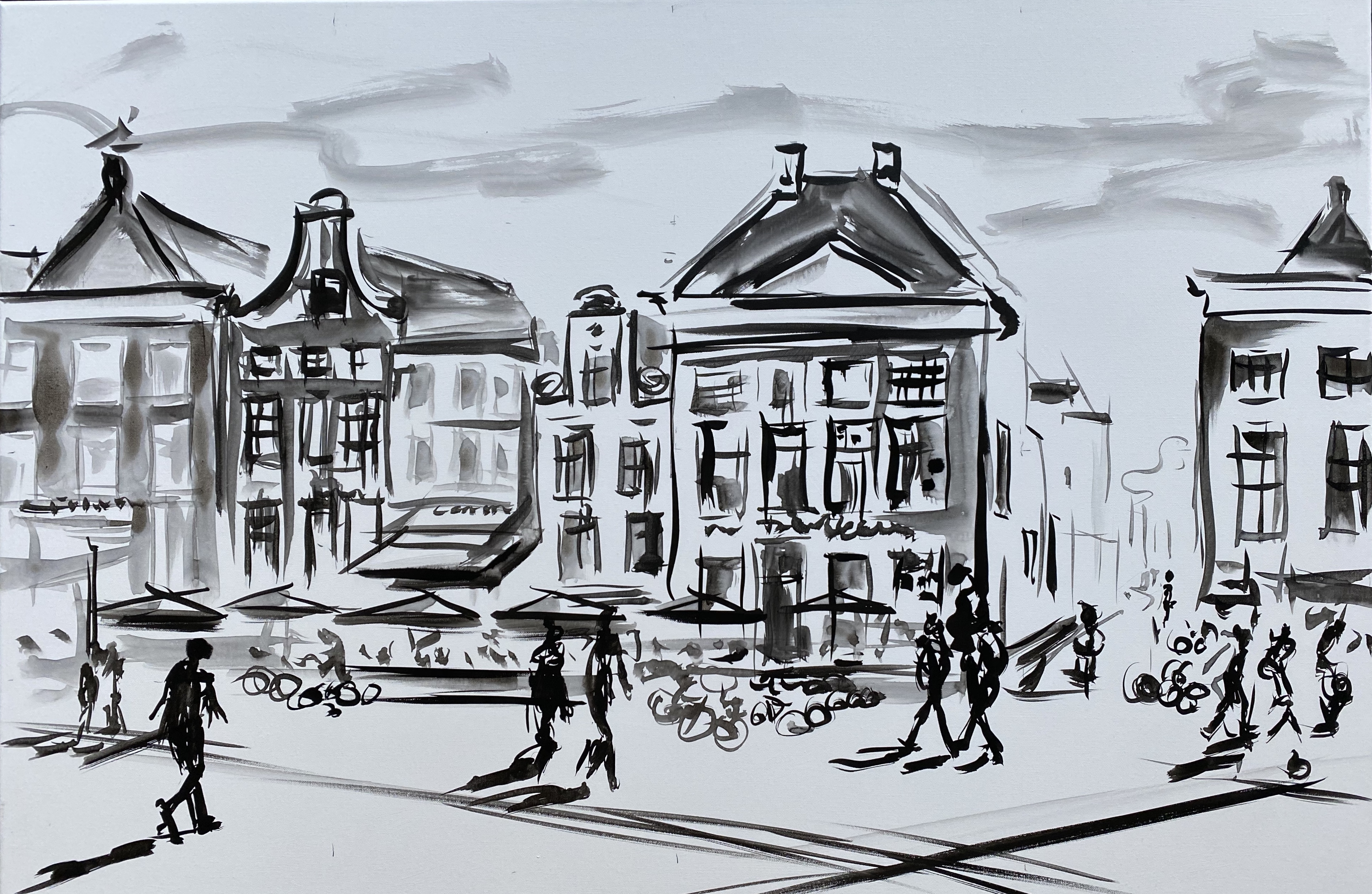Grote Markt, schilderij van Reinder Bleeker, 100 x 120 cm