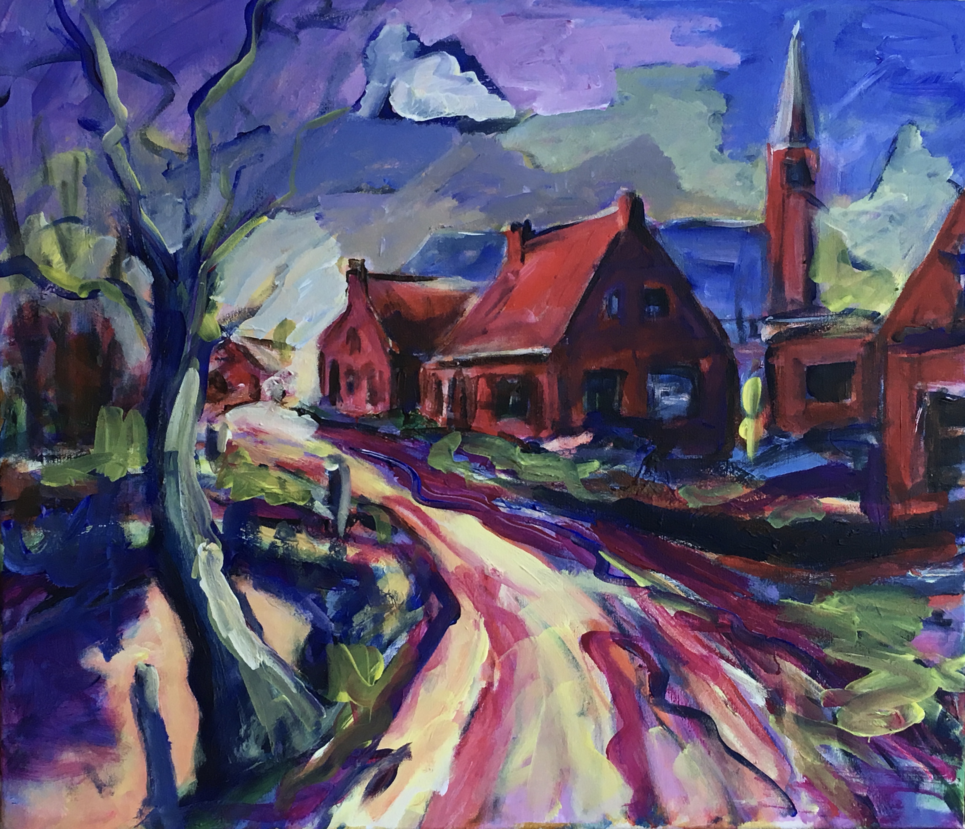 Het Dorp, schilderij van Reinder Bleeker, 60 x 70 cm